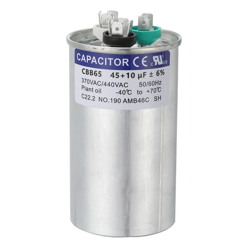 CBB65 Capacitor, 45+10uF 370-440 VAC 50/60Hz Aluminium Round Capacitor