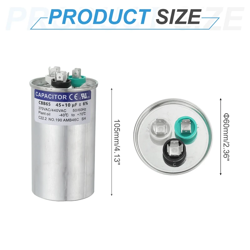 CBB65 Capacitor, 45+10uF 370-440 VAC 50/60Hz Aluminium Round Capacitor