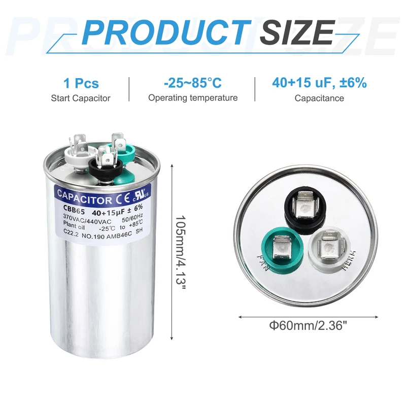 40+15MFD CBB65 Run Start Capacitor 40+15uF, 370/440V Round AC Capacitor