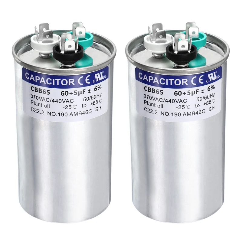 2Pcs 60+5MFD CBB65 Run Start Capacitor 60+5uF 370/440V Round AC Capacitor