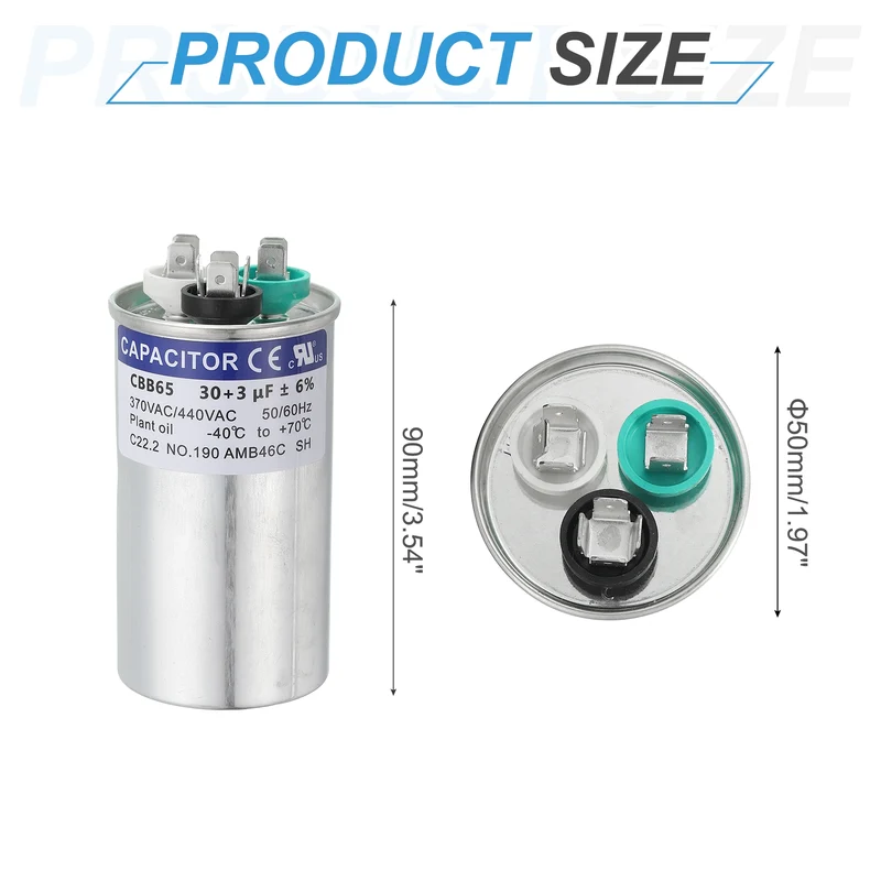 CBB65 Capacitor, 30+3uF 370-440 VAC 50/60Hz Aluminium Round Capacitor