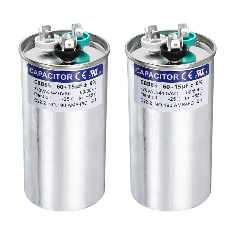2Pcs 60+15MFD CBB65 Run Start Capacitor 60+15uF 370/440V Round AC Capacitor