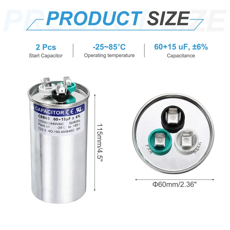 2Pcs 60+15MFD CBB65 Run Start Capacitor 60+15uF 370/440V Round AC Capacitor