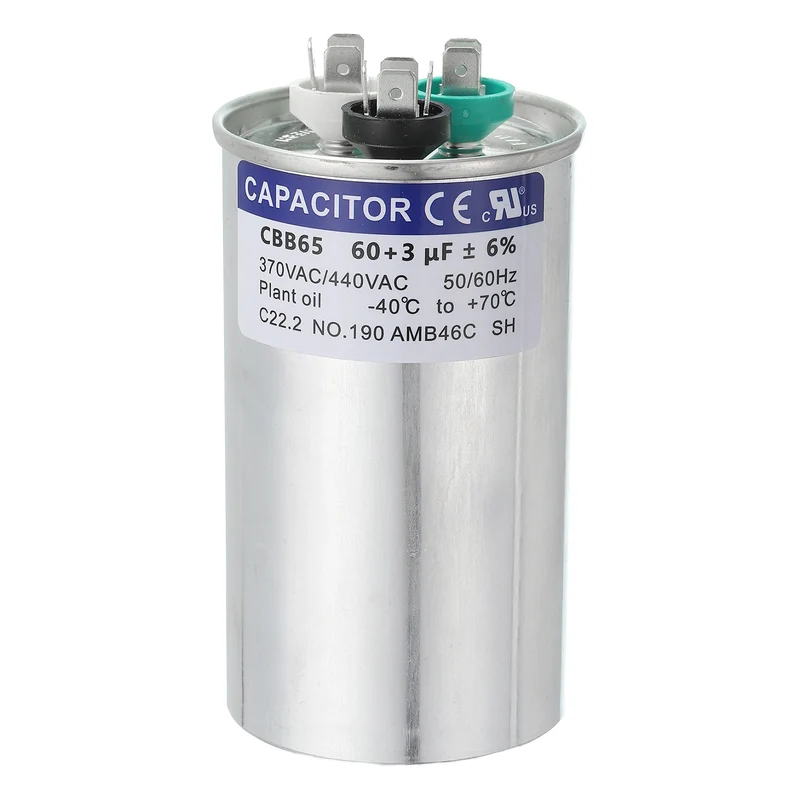 CBB65 Capacitor, 60+3uF 370-440 VAC 50/60Hz Aluminium Round Capacitor
