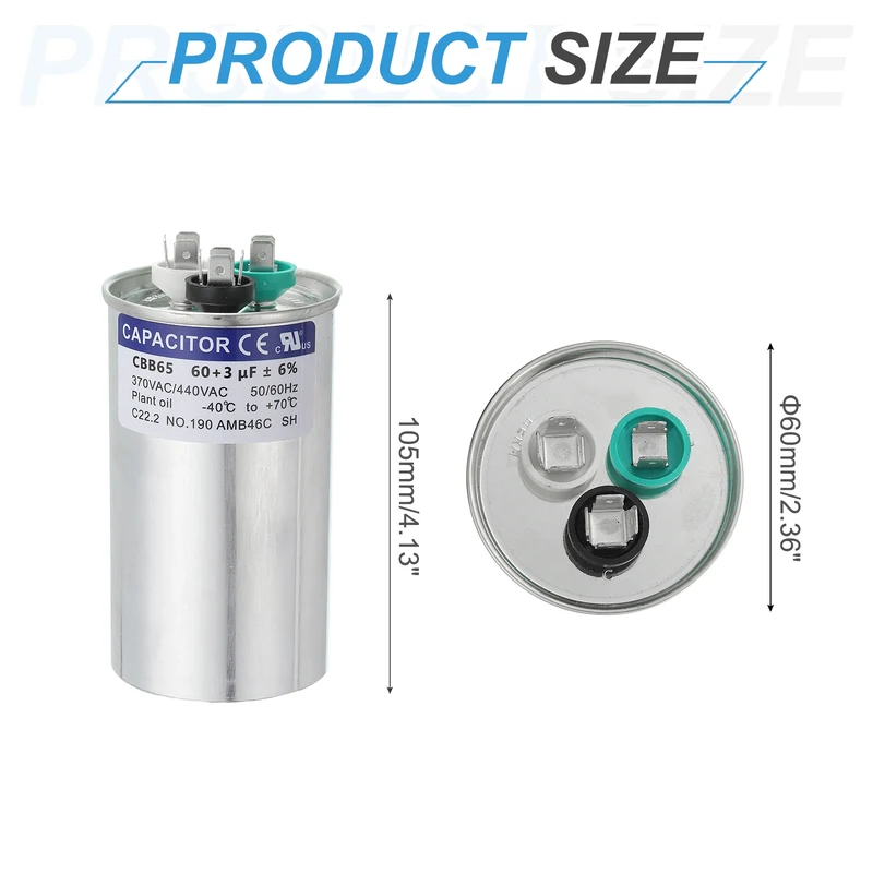 CBB65 Capacitor, 60+3uF 370-440 VAC 50/60Hz Aluminium Round Capacitor