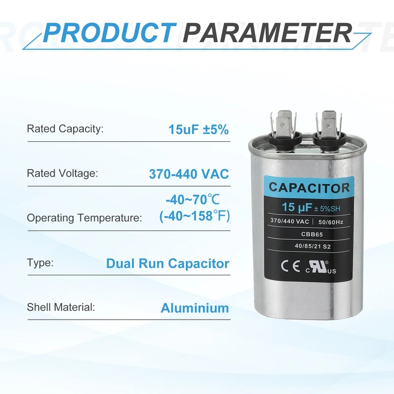 CBB65 Capacitor, 15uF 370-440 VAC 50/60Hz Aluminium Capacitor