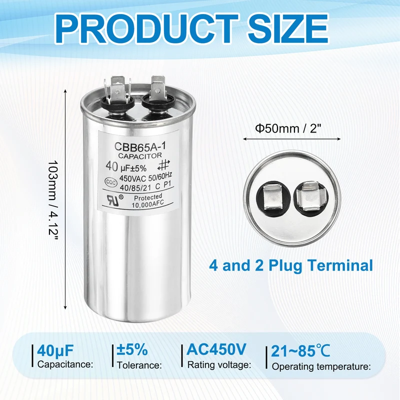 1 Pcs CBB65 Run Capacitor, Aluminum Case, 450V 40 F 5%