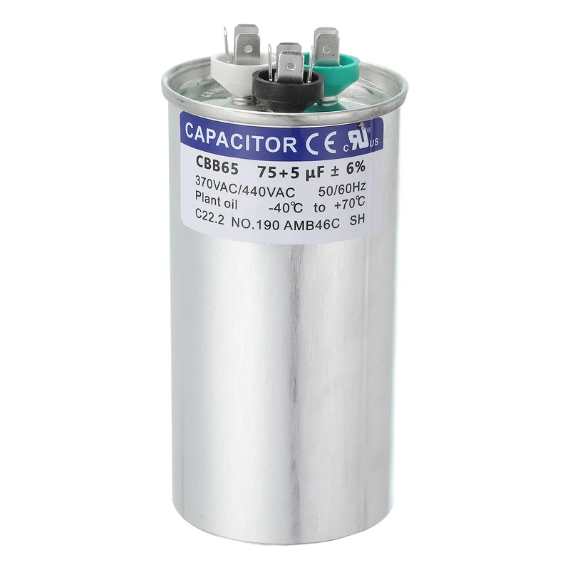 CBB65 Capacitor, 75+5uF 370-440 VAC 50/60Hz Aluminium Round Capacitor