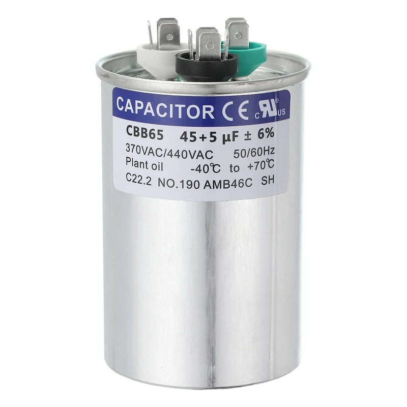 CBB65 Capacitor, 45+5uF 370-440 VAC 50/60Hz Aluminium Round Capacitor