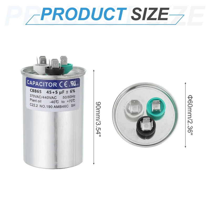CBB65 Capacitor, 45+5uF 370-440 VAC 50/60Hz Aluminium Round Capacitor