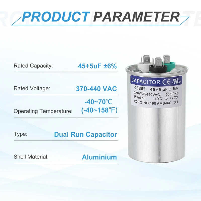 CBB65 Capacitor, 45+5uF 370-440 VAC 50/60Hz Aluminium Round Capacitor