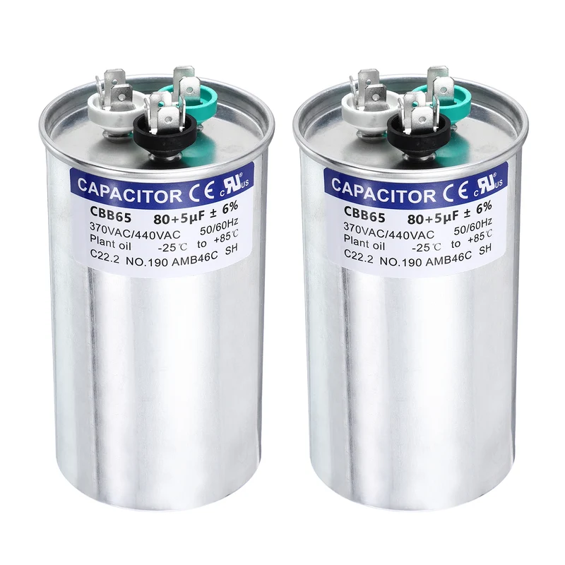 2Pcs 80+5MFD CBB65 Run Start Capacitor 80+5uF 370/440V Round AC Capacitor