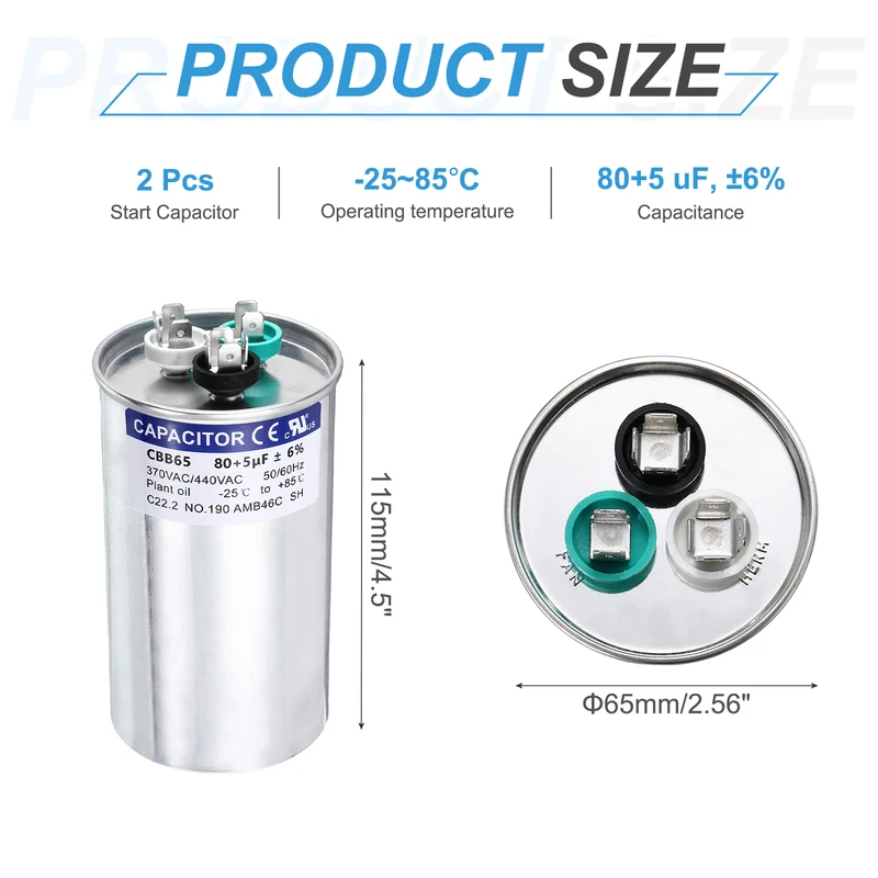 2Pcs 80+5MFD CBB65 Run Start Capacitor 80+5uF 370/440V Round AC Capacitor