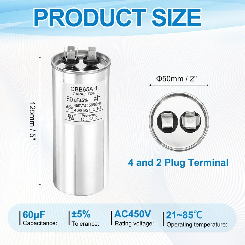 1 Pcs CBB65 Run Capacitor, Aluminum Case, 450V 60 F 5%