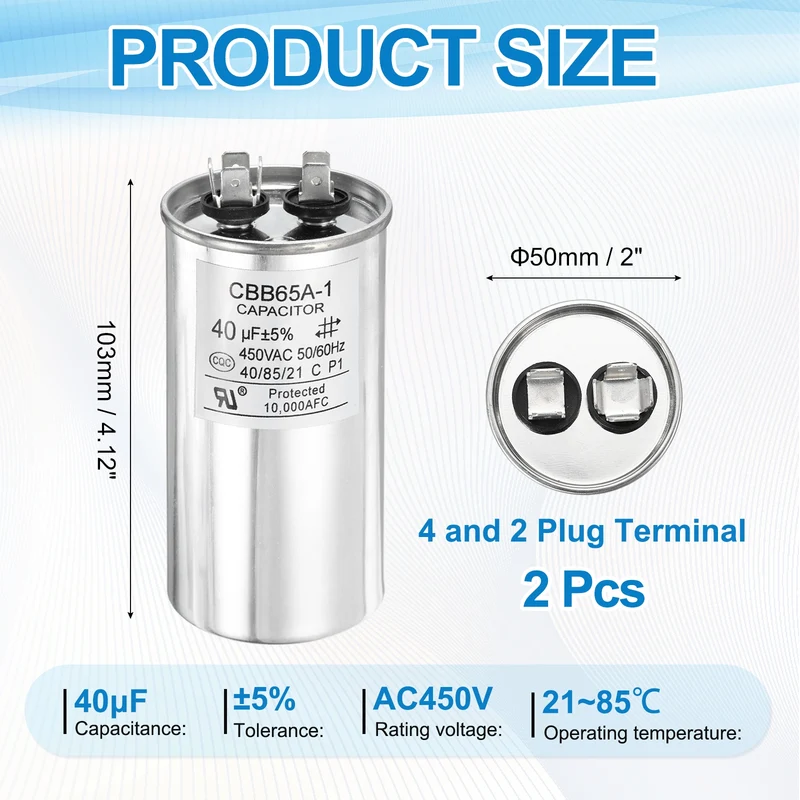 2 Pcs CBB65 Run Capacitor, Aluminum Case, 450V 40 F 5%