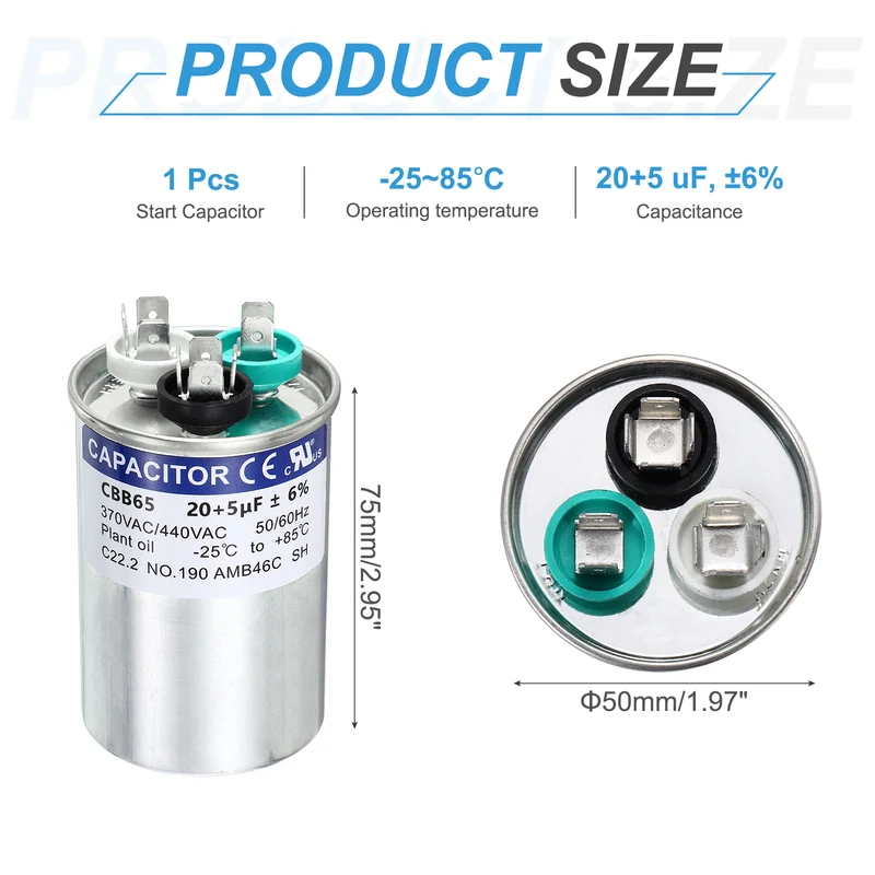 20+5MFD CBB65 Run Start Capacitor 20+5uF, 370/440V Round AC Capacitor