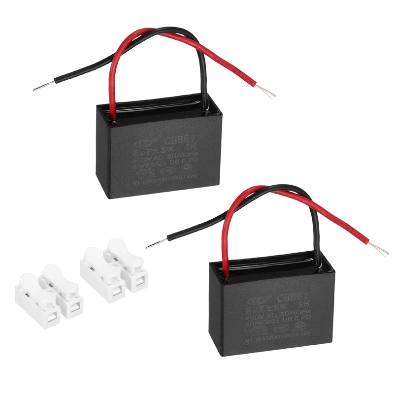 8uF 450V AC 2 Wires CBB61 Ceiling Fan Capacitor, 2pcs, 48.5x33x21.5mm