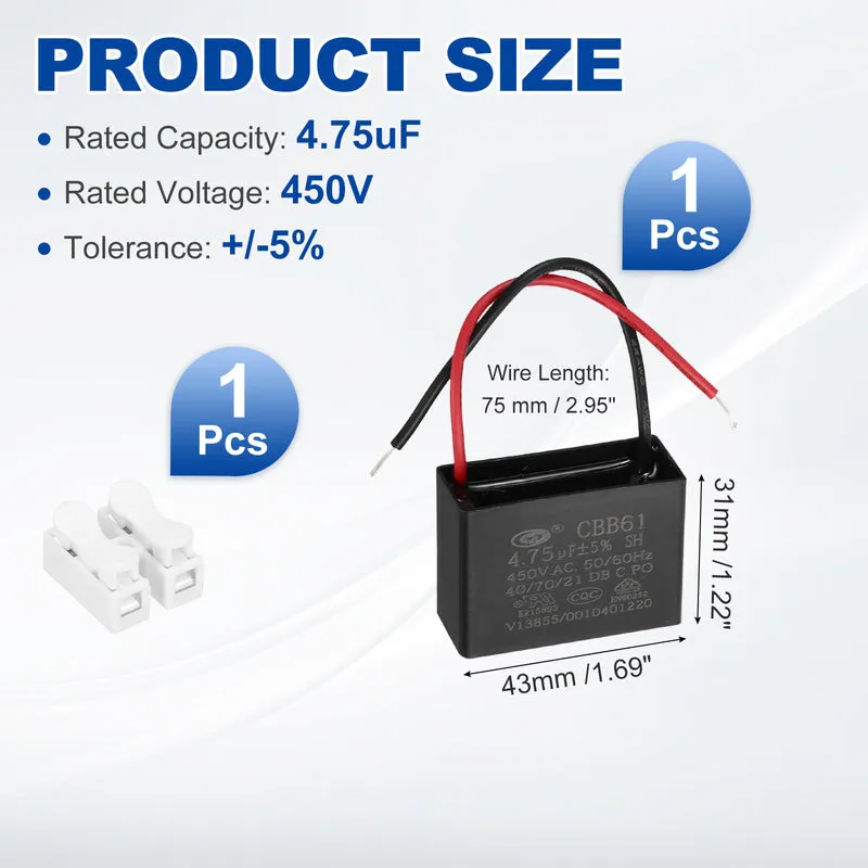 4.75uF 450V AC 2 Wires CBB61 Ceiling Fan Capacitor, 43x31x18mm