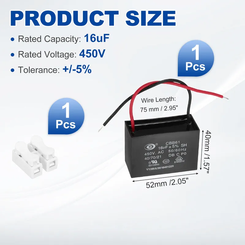 16uF 450V AC 2 Wires CBB61 Ceiling Fan Capacitor, 52x40x29mm