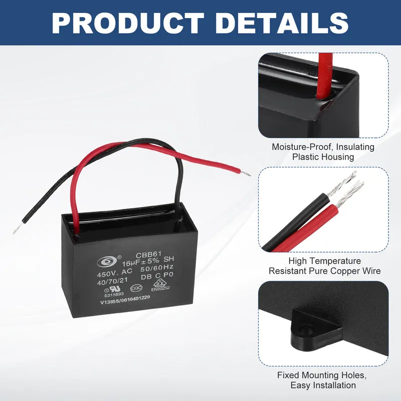 16uF 450V AC 2 Wires CBB61 Ceiling Fan Capacitor, 52x40x29mm