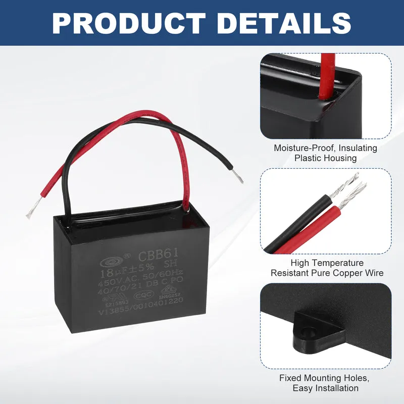 18uF 450V AC 2 Wires CBB61 Ceiling Fan Capacitor, 2pcs, 60x42x28mm