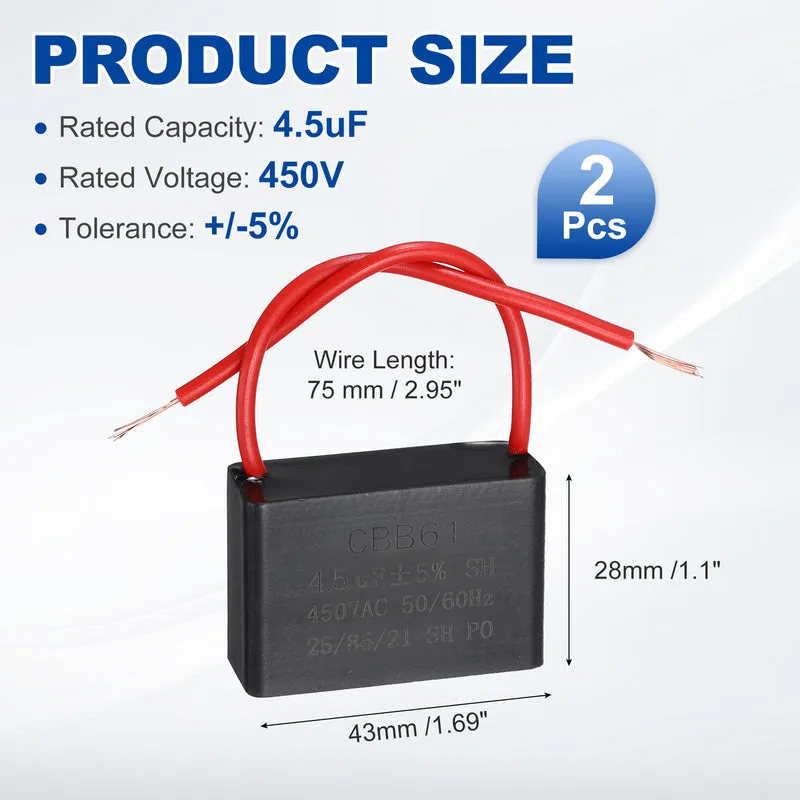 2 Pcs 4.5uF 450V AC 2 Wires CBB61 Ceiling Fan Capacitor, 43x28x31mm