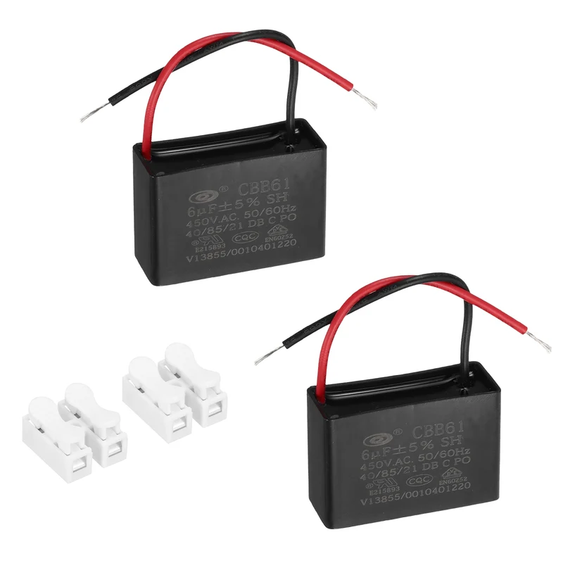 6uF 450V AC 2 Wires CBB61 Ceiling Fan Capacitor, 2pcs, 47x32x19mm