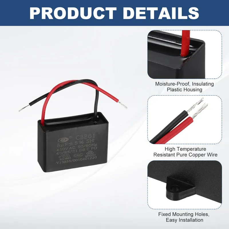 6uF 450V AC 2 Wires CBB61 Ceiling Fan Capacitor, 2pcs, 47x32x19mm