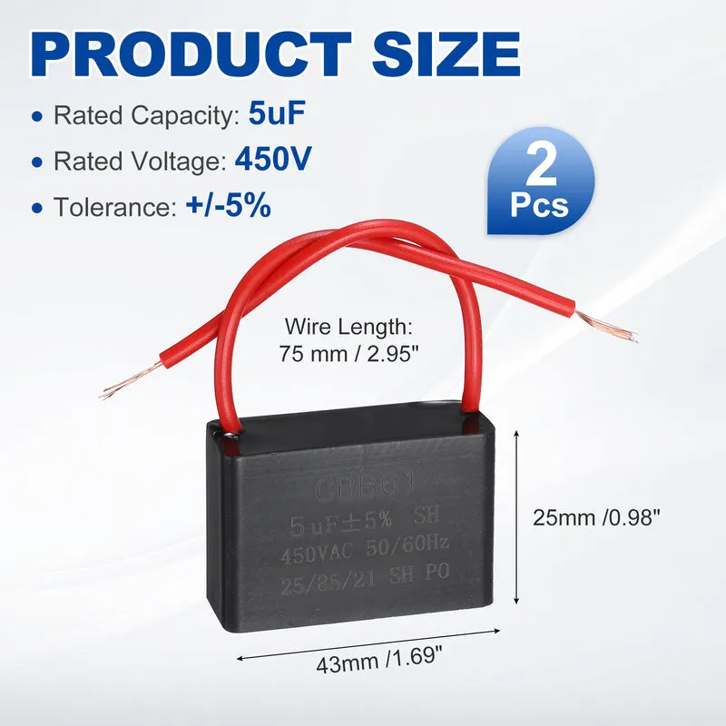 2 Pcs 5uF 450V AC 2 Wires CBB61 Ceiling Fan Capacitor, 43x28x31mm