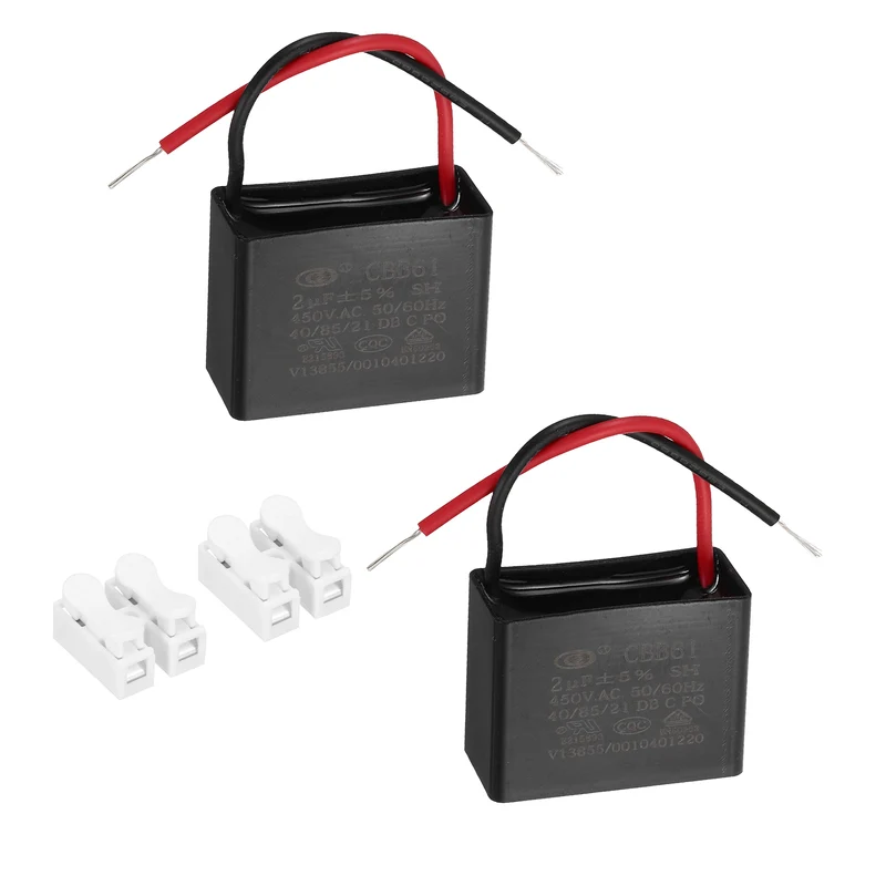 2uF 450V AC 2 Wires CBB61 Ceiling Fan Capacitor, 2pcs, 37.5x28.5x18mm