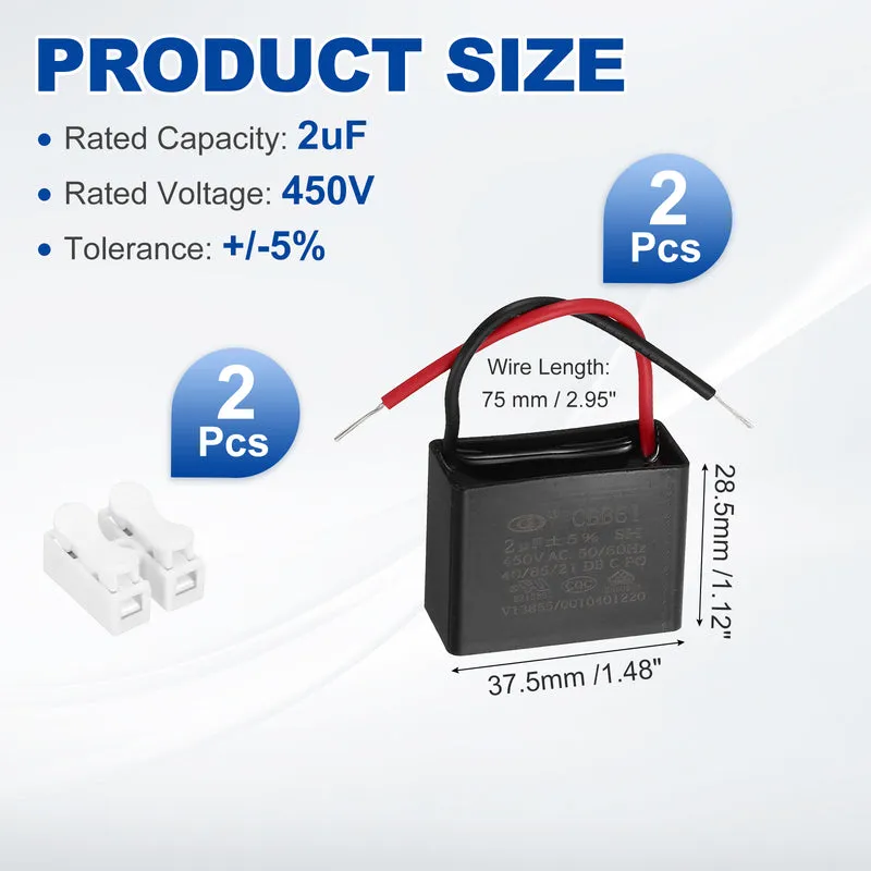 2uF 450V AC 2 Wires CBB61 Ceiling Fan Capacitor, 2pcs, 37.5x28.5x18mm