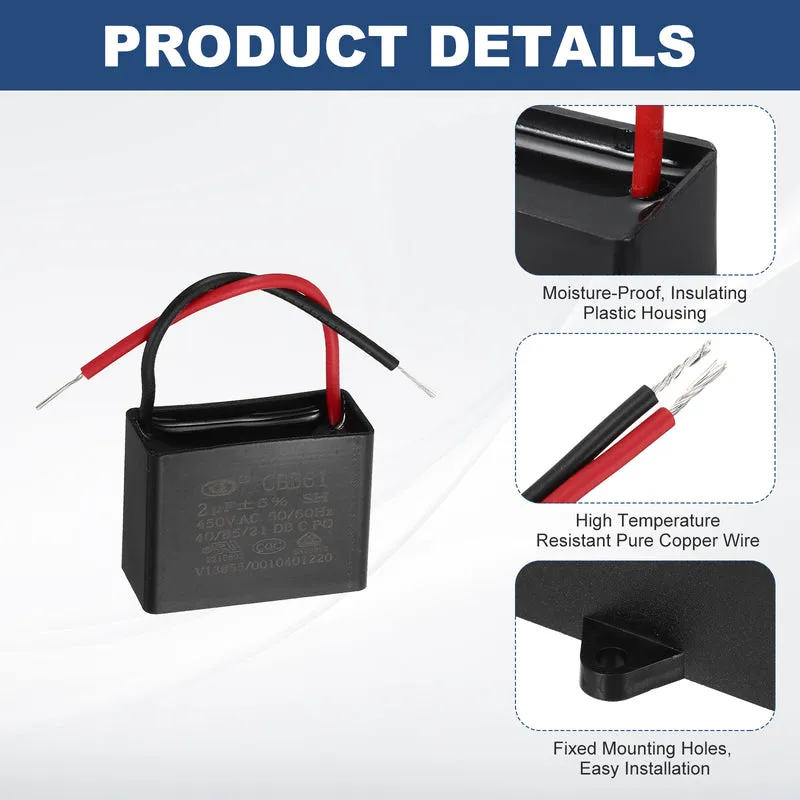 2uF 450V AC 2 Wires CBB61 Ceiling Fan Capacitor, 2pcs, 37.5x28.5x18mm