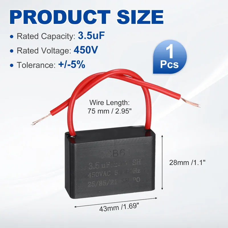 3.5uF 450V AC 2 Wires CBB61 Ceiling Fan Capacitor, 43x28x31mm