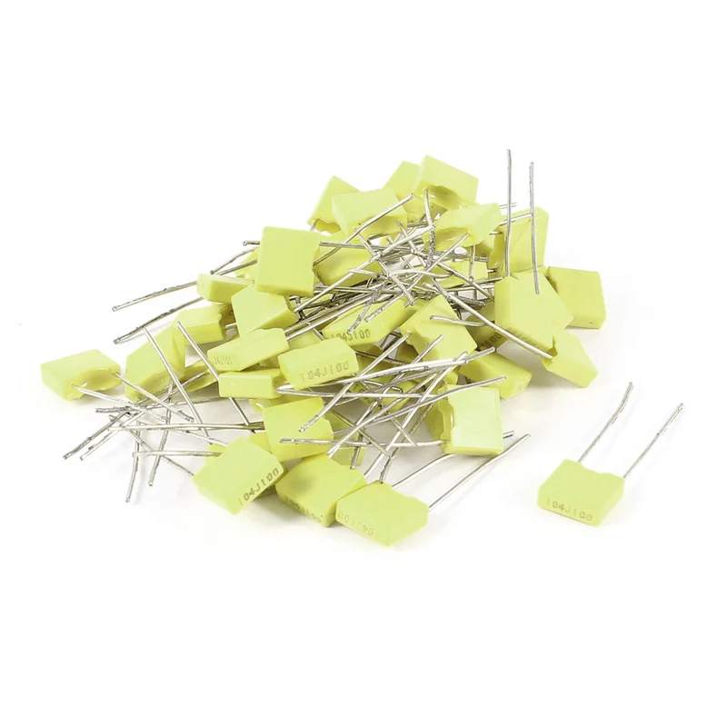 50 Pieces 100V 0.1uF 100NF 10% Radial Lead Box Type Correction Capacitors Yellow
