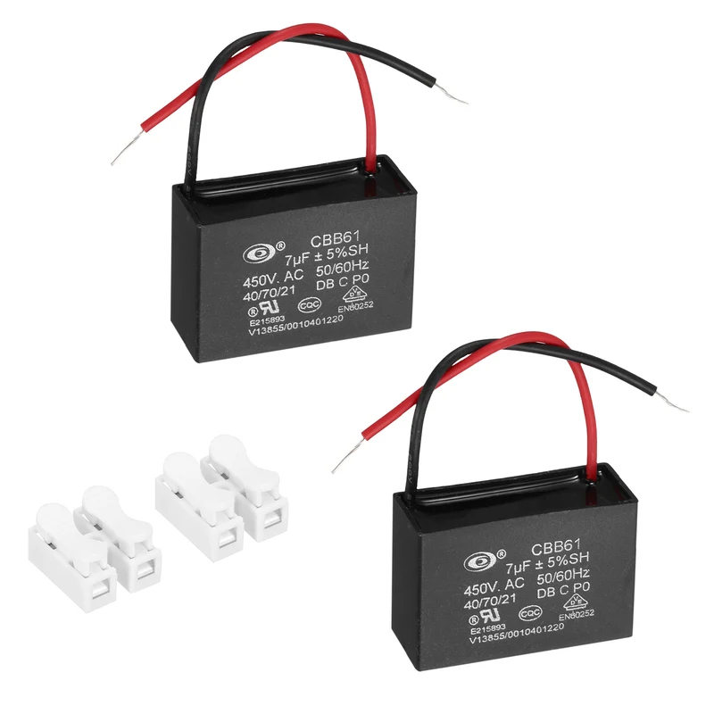 7uF 450V AC 2 Wires CBB61 Ceiling Fan Capacitor, 2pcs, 47.5x32x19mm