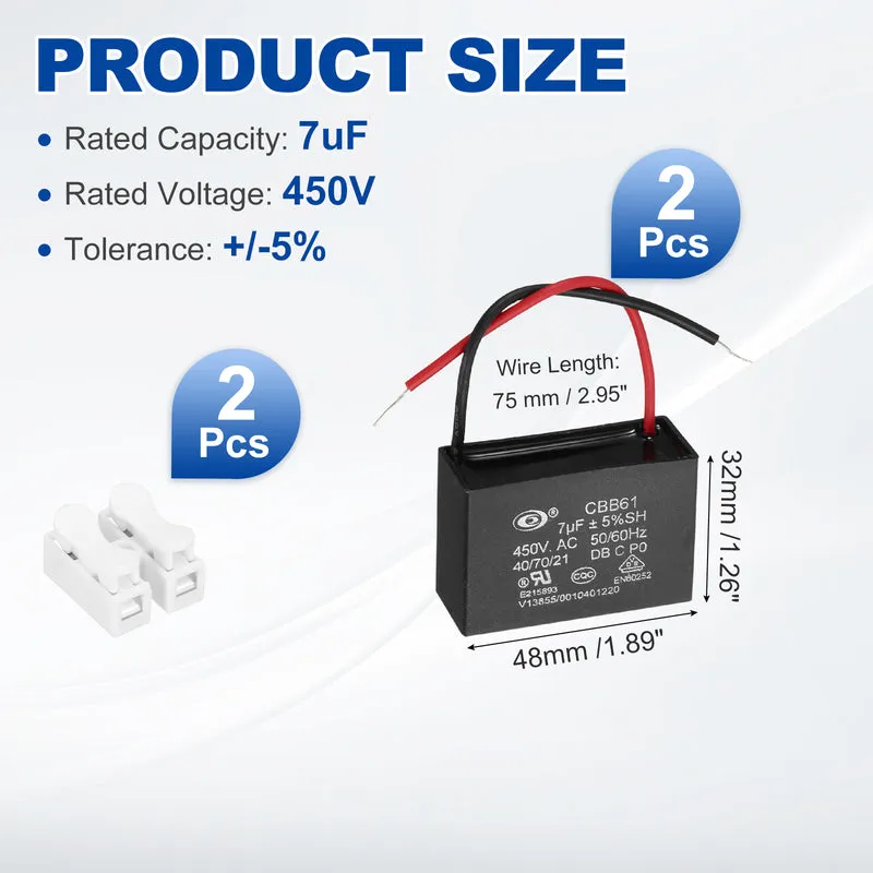 7uF 450V AC 2 Wires CBB61 Ceiling Fan Capacitor, 2pcs, 47.5x32x19mm