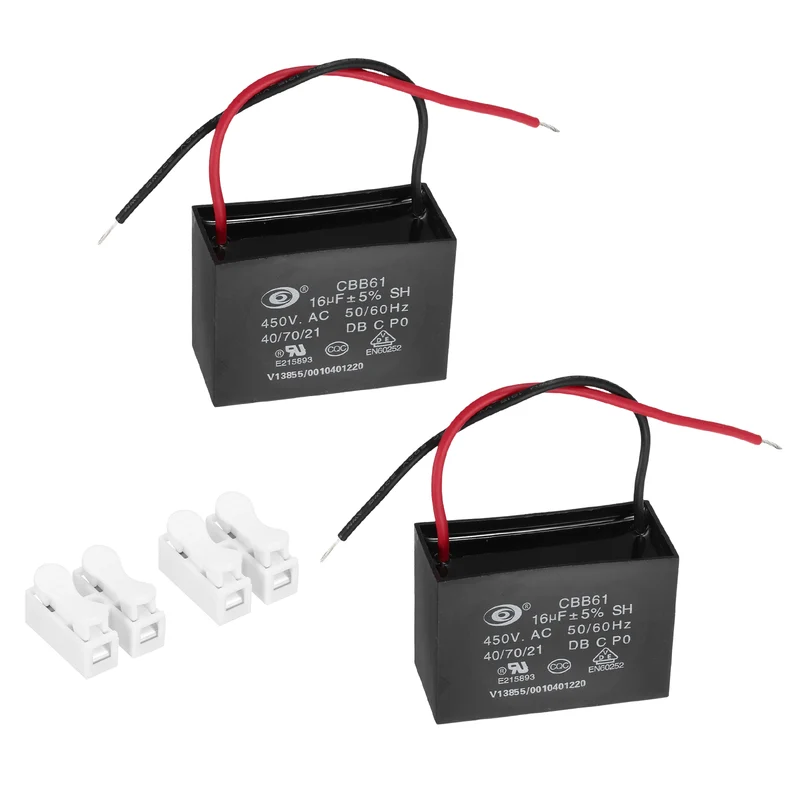 16uF 450V AC 2 Wires CBB61 Ceiling Fan Capacitor, 2pcs, 60x41.5x28mm