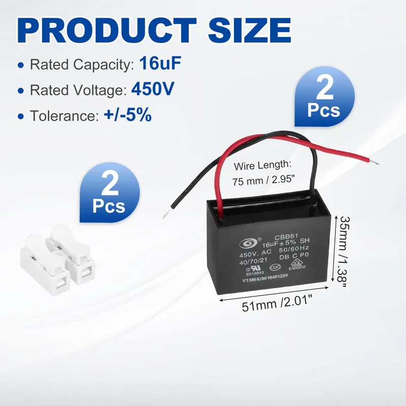 16uF 450V AC 2 Wires CBB61 Ceiling Fan Capacitor, 2pcs, 60x41.5x28mm