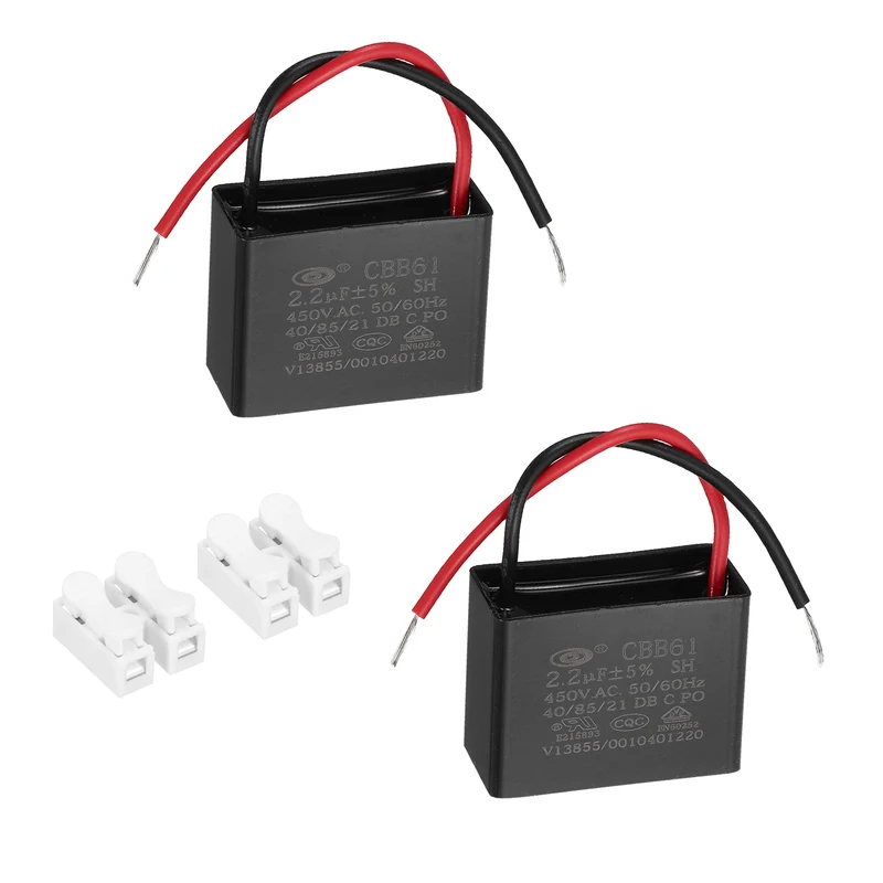 2.2uF 450V AC 2 Wires CBB61 Ceiling Fan Capacitor, 2pcs, 37.5x28.5x17.5mm