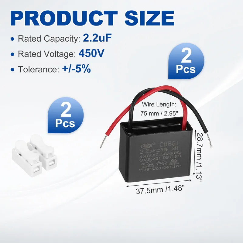 2.2uF 450V AC 2 Wires CBB61 Ceiling Fan Capacitor, 2pcs, 37.5x28.5x17.5mm