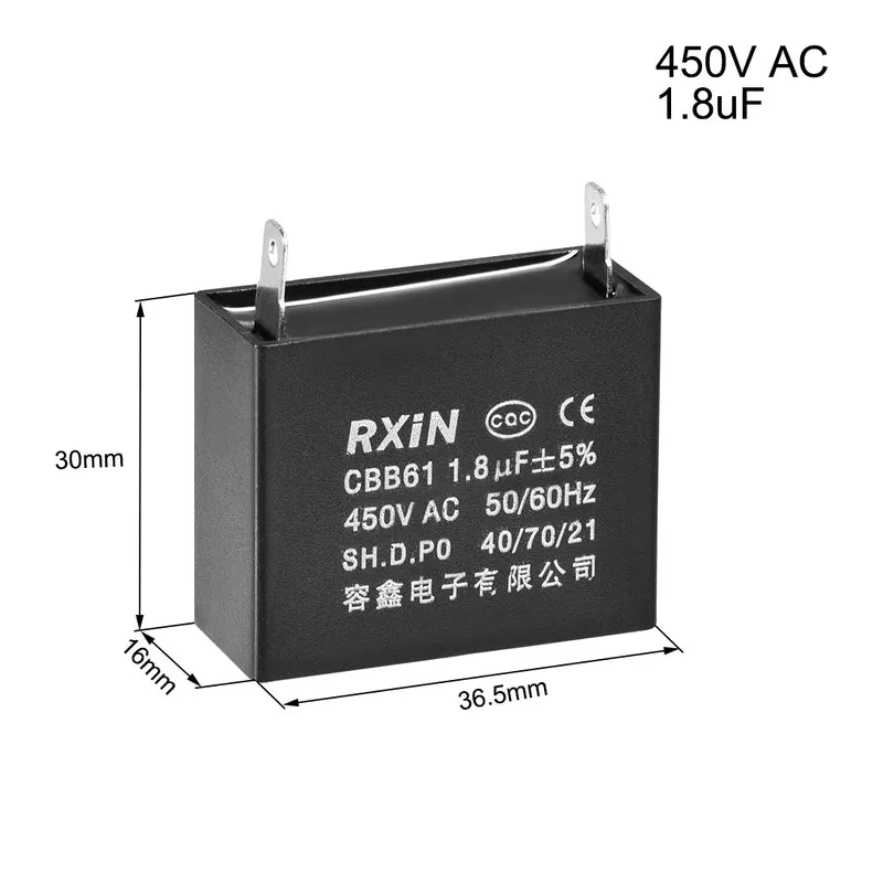 CBB61 Run Capacitor 450V AC 1.8uF 2-pin Metallized Polypropylene Film Capacitors Black for Ceiling Fan