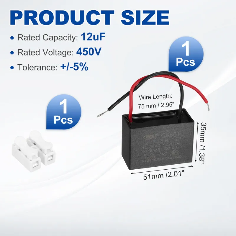 12uF 450V AC 2 Wires CBB61 Ceiling Fan Capacitor, 51x35x25mm