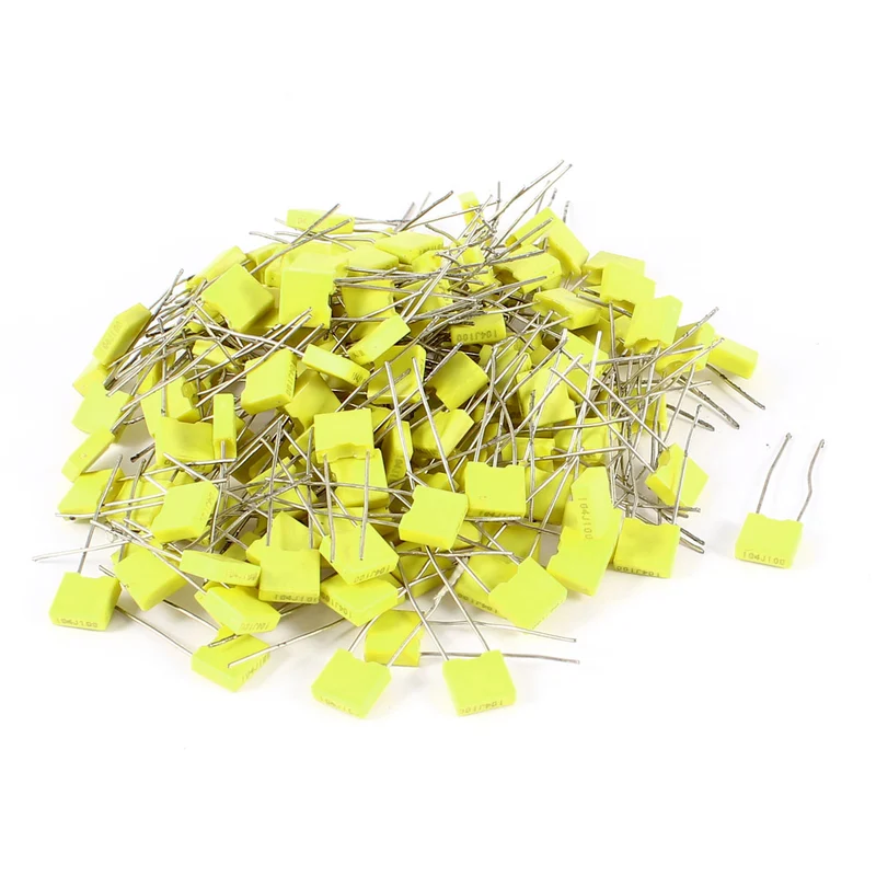150 Pcs 100V 0.1uF 100NF Radial Lead Box Type Film Correction Capacitors Yellow
