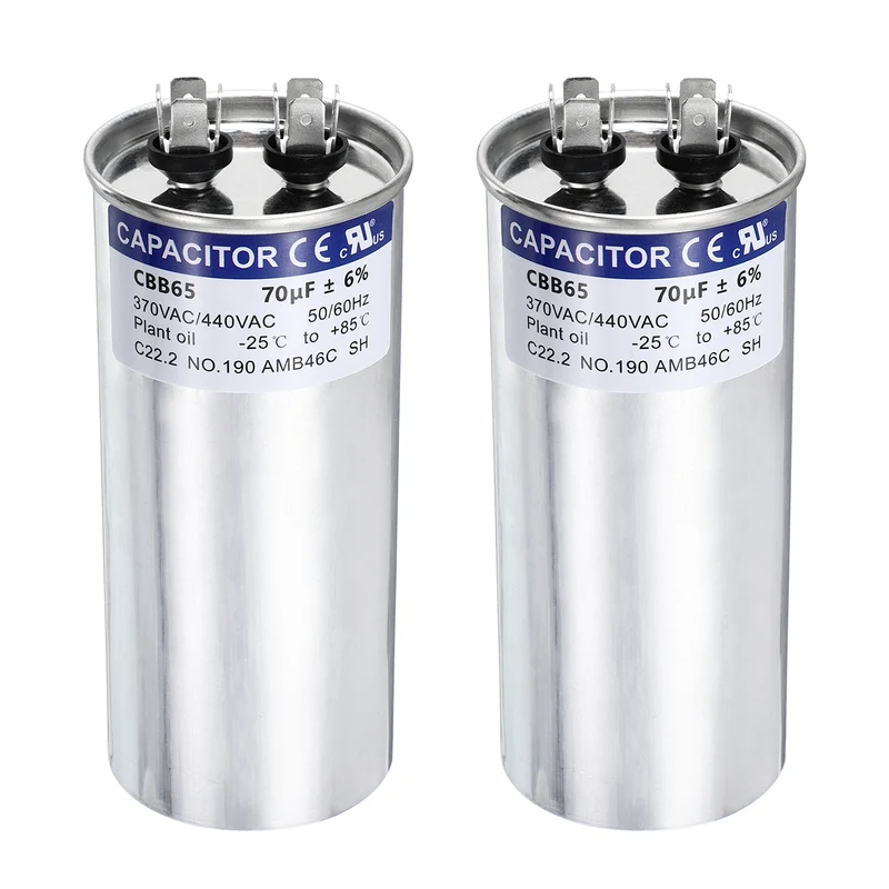 2Pcs 70MFD CBB65 Run Start Capacitor 70uF 370/440V Round AC Capacitor