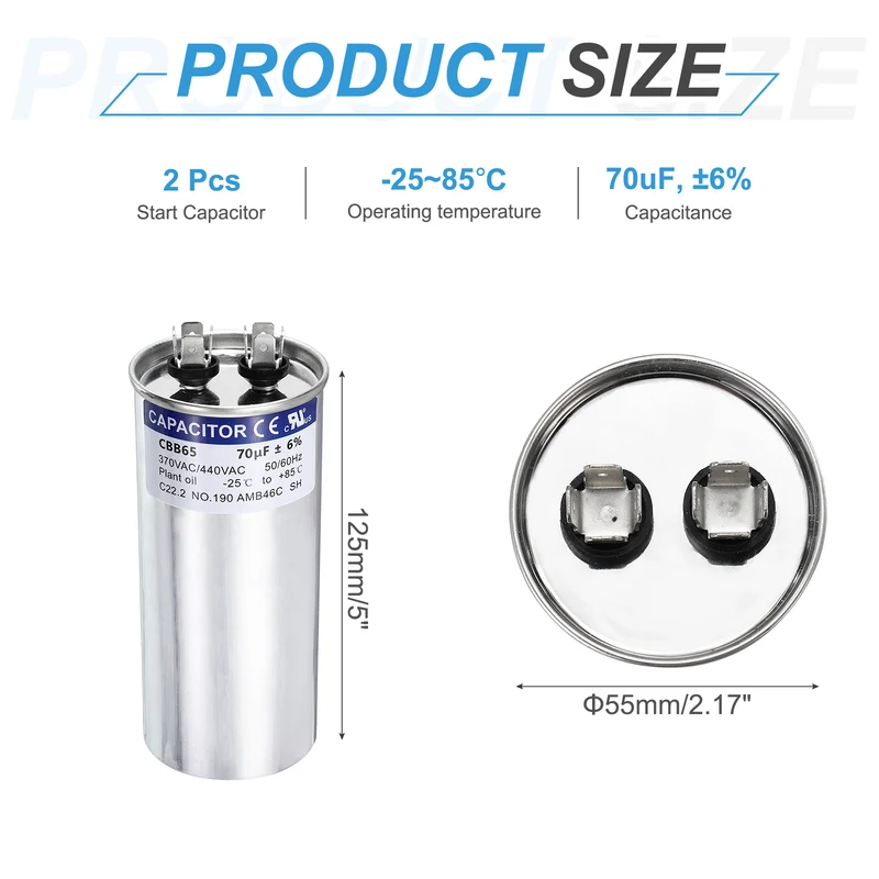 2Pcs 70MFD CBB65 Run Start Capacitor 70uF 370/440V Round AC Capacitor