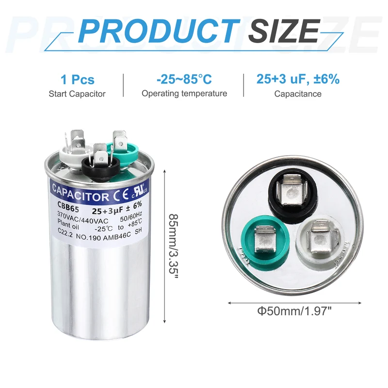 25+3MFD CBB65 Run Start Capacitor 25+3uF, 370/440V Round AC Capacitor