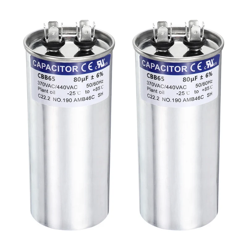 2Pcs 80MFD CBB65 Run Start Capacitor 80uF 370/440V Round AC Capacitor