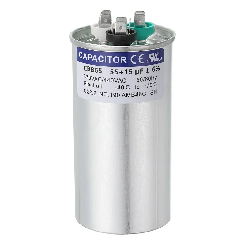 CBB65 Capacitor, 55+15uF 370-440 VAC 50/60Hz Aluminium Round Capacitor