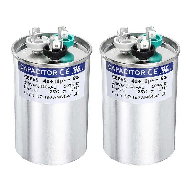2Pcs 40+10MFD CBB65 Run Start Capacitor 40+10uF, 370/440V Round AC Capacitor