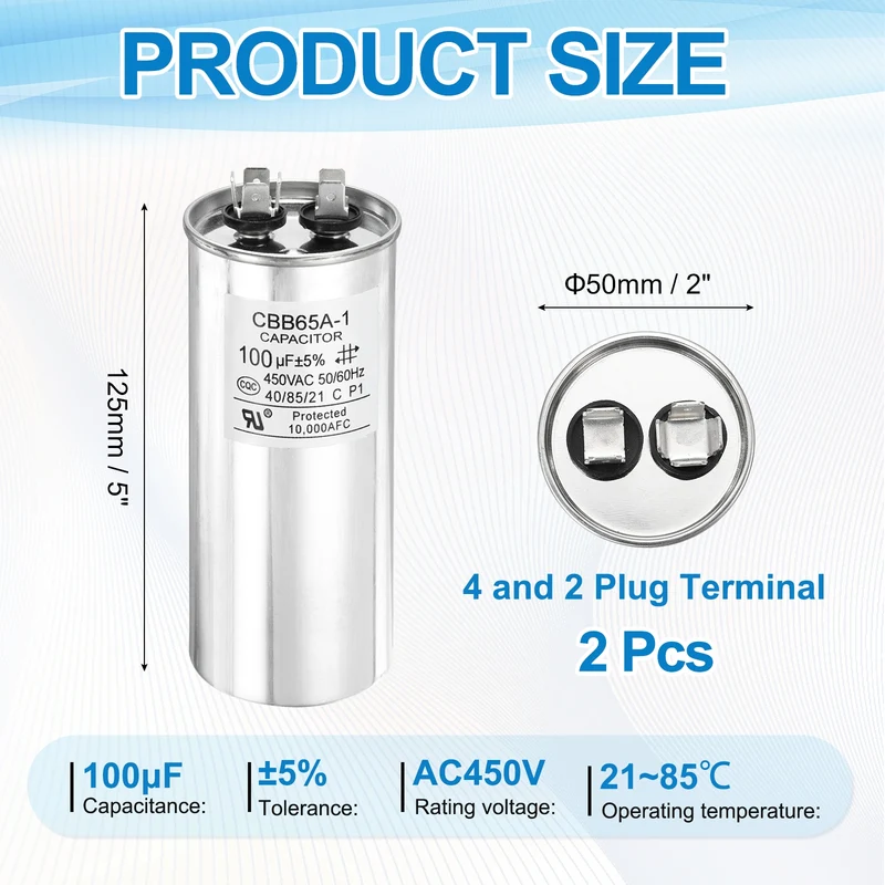 2 Pcs CBB65 Run Capacitor, Aluminum Case, 450V 100 F 5%